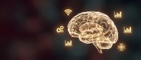 Golden glowing human brain with digital icons representing artificial intelligence, data analytics, and connectivity on dark background.