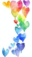 Colorful watercolor hearts flowing in rainbow gradient from warm yellow and orange to cool blue and purple on white background, suitable for romantic designs.