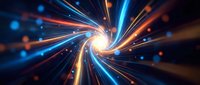 Dynamic spiral energy vortex with glowing blue and orange light trails creating motion blur effect on dark background for technology concepts.