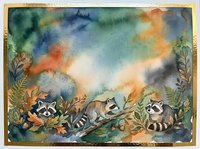 Watercolor illustration of three raccoons among autumn foliage and berries, with warm orange and cool blue tones creating a natural woodland scene. Suitable for children's books, nursery decor, and editorial use.