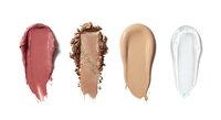 Cosmetic makeup swatches in nude tones showing lipstick, eyeshadow, foundation and cream textures isolated on white background for beauty design.
