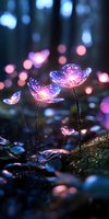 Glowing crystal flowers emit magical pink and blue light in dark forest setting with bokeh background, creating ethereal fantasy atmosphere.