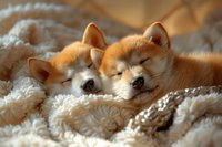 Two adorable Shiba Inu puppies sleeping peacefully together on soft white textured blanket, their ginger fur glowing in warm ambient light. For pet and lifestyle content.