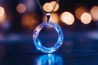 Glowing blue crystal ring pendant necklace on silver chain against dark background with soft bokeh lights creating magical atmosphere.