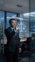 Professional businessman interacting with holographic justice scales interface in modern office environment for legal technology and digital law concepts.