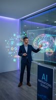 Professional businessman presenting artificial intelligence brain hologram with data analytics at modern tech conference for corporate innovation presentations.