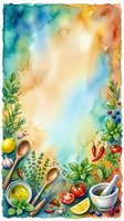 Watercolor cooking background with fresh ingredients, kitchen utensils, and vibrant produce arranged on borders. Soft gradient sky transitions from teal to warm orange tones. Isolated design ready for recipe cards, menus, and culinary projects.