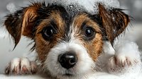 Adorable wet puppy with soap bubbles during bath time, small mixed breed dog with brown and white fur looking directly at camera with expressive dark eyes.