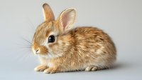 Adorable young brown rabbit with fluffy fur sitting on white background, perfect for Easter designs, pet care materials, and children's content.