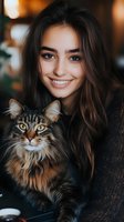 Young woman with long brown hair smiling while holding fluffy tabby cat in cozy indoor setting with warm lighting for lifestyle and pet content.