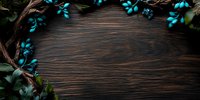 Rustic dark wooden background framed with turquoise berries and green leaves, creating natural border design. Empty space for text placement in center.