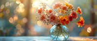 Beautiful fresh cosmos flowers and baby's breath in glass vase against blurred bokeh background, perfect for greeting cards, romantic mood and home decor inspiration.