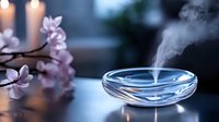 Aromatherapy diffuser with rising steam near pink orchid flowers in soft evening light creates peaceful spa atmosphere for wellness and meditation.