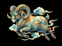 Ornate ram with curved horns in gold, teal, and cream tones, isolated on transparent background. Ready for t-shirt design, clipart, stickers, sublimation, and print-on-demand projects.