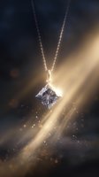 Sparkling princess cut diamond pendant necklace on silver chain illuminated by dramatic light rays against dark background with magical golden bokeh effect.
