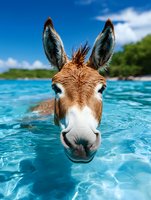 Brown and white donkey swimming in crystal clear turquoise tropical water on sunny day, close up portrait showing head above water surface against blue sky.