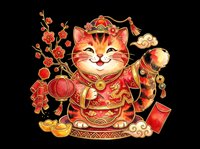 Maneki-neko lucky cat figurine in red and gold with raised paw, surrounded by coins, lanterns, and festive ornaments. Isolated on transparent background, ready for t-shirts, stickers, clipart, and print-on-demand designs.