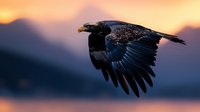 Majestic bald eagle soaring through golden sunset sky with spread wings over mountain landscape. Wildlife photography capturing freedom and power in flight.