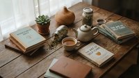 Cozy reading corner with books, tea cups, succulent plant and dried flowers on rustic wooden table creating peaceful morning atmosphere for relaxation.