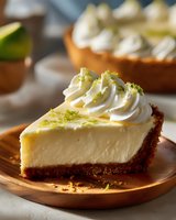 Creamy key lime pie slice with graham cracker crust, topped with whipped cream and lime zest on wooden plate, full pie in background.