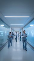 Medical team walking through modern hospital corridor with digital privacy interface elements and futuristic healthcare technology displays.