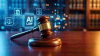 Wooden judge gavel with digital law icons and legal symbols overlay on blurred courtroom background representing modern legal technology and justice system.