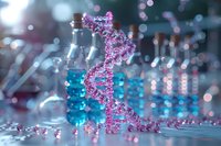 Pink DNA helix structure model with laboratory glassware and blue liquid in background, scientific research concept for genetics and biotechnology studies.