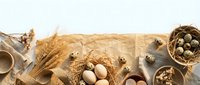 Farm fresh eggs and wheat stalks arranged on rustic wooden table with wicker baskets creating natural organic food composition for cooking and baking projects.