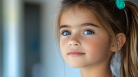 Young girl with bright blue eyes and ponytail gazing upward with gentle smile, soft natural lighting creates dreamy atmosphere for childhood portraits and family photography.