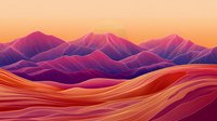 Vibrant mountain landscape with flowing lines in purple, orange and red hues creates dramatic sunset scenery. Digital art style combines waves and peaks for modern wall decor.