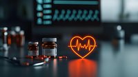 Medical pills and medicine bottles near glowing neon heart pulse sign on dark surface, healthcare and cardiology concept for pharmaceutical industry.