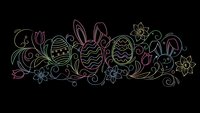 Colorful line art Easter border with decorated eggs, bunny ears, flowers and swirls on black background for spring holiday designs and greeting cards.