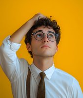 Young Caucasian man with curly hair and round glasses looking up thoughtfully against vibrant yellow background, hand touching head in contemplative gesture.