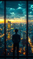 Silhouette of man looking through panoramic window at dramatic cityscape during sunset, illuminated skyscrapers against turquoise sky and golden lights below.