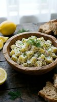 Potato salad with dill and creamy dressing served in wooden bowl with fresh lemon and whole grain bread on dark table for lunch or dinner meal preparation.
