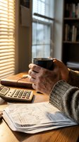 Senior male professional holding steaming coffee cup at wooden desk with financial documents, calculator, and warm sunlight from window in home office workspace.