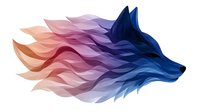 Stylized wolf head profile with gradient color transition from warm peach to deep blue, featuring flowing layered shapes creating an ethereal wind-swept effect on white background.