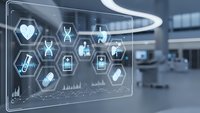 Futuristic medical technology interface with healthcare icons in modern hospital setting for digital health innovation and telemedicine applications.