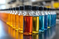 Row of laboratory glass vials containing colorful liquid samples in yellow, orange, and blue for scientific research, chemical analysis, or quality control testing.