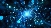 Glowing blue particles bursting from center point with bokeh light effects on dark background, creating dynamic motion and energy visualization for technology designs.