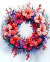 Vibrant floral wreath with coral hibiscus blooms and purple wildflowers arranged in circular composition against soft blue background, suitable for wedding decor.