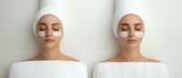 Young Asian woman with eye patches and white headwrap receiving facial treatment at spa, collage style composition showing skincare and beauty wellness procedures.