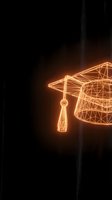 Glowing neon wireframe graduation cap with tassel on dark background, symbolizing education, achievement, and academic success for educational content and learning materials.