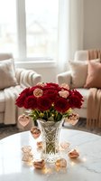 Red roses bouquet in crystal vase with rose gold heart decorations on marble table in bright living room for romantic celebration and love occasions.