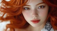 Young woman with vibrant red hair, freckled face, and bright eyes looking directly at camera. Natural beauty portrait with soft lighting highlighting facial features.