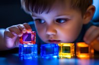 Curious young boy exploring colorful translucent cubes in dark setting with dramatic blue lighting, demonstrating childhood discovery and STEM learning concepts.
