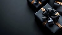Elegant black gift boxes with luxurious satin bows and gold glitter ribbon on dark background, creating sophisticated holiday or special occasion atmosphere.