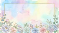 Soft pastel watercolor floral frame with roses, peonies, and eucalyptus on a dreamy rainbow background for wedding or greeting cards.