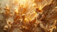 Divine angels with golden wings ascending through heavenly light rays in spiritual religious scene for faith-based projects and inspirational content.