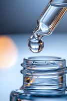 Macro shot of liquid drop falling from glass dropper into bottle neck, capturing surface tension and reflection in pharmaceutical or cosmetic setting.